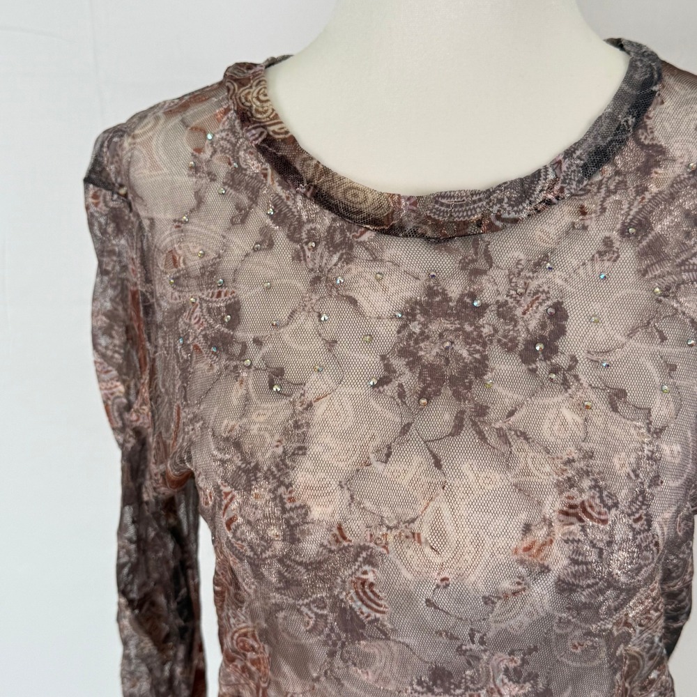 Boho Festival Western Womens Brown Paisley Mesh Rhinestone Long Sleeve Top Y2K M - Picture 3 of 9